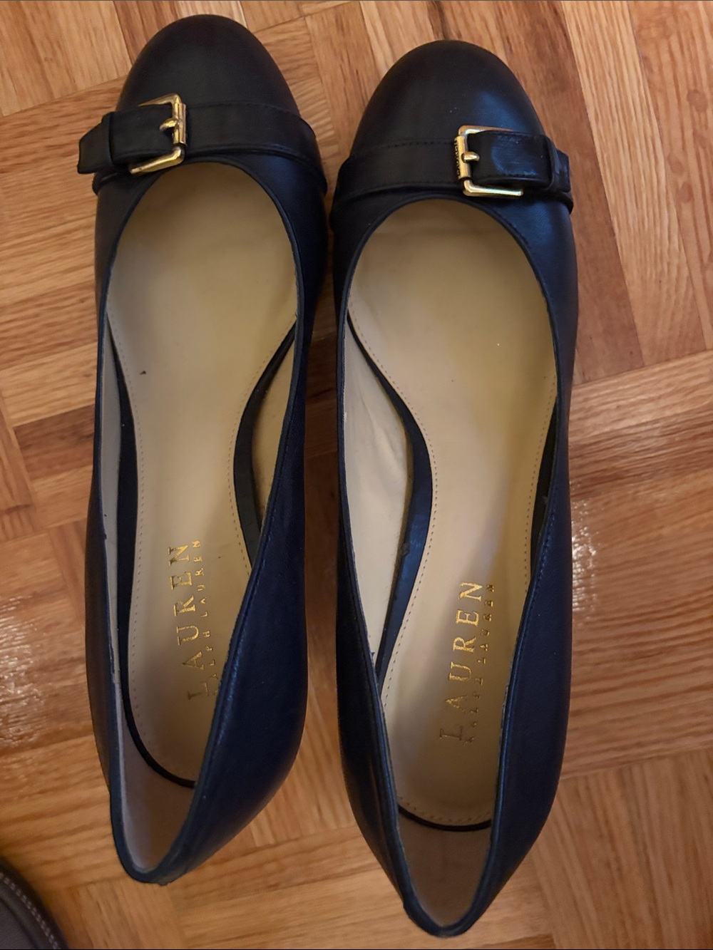 Lauren Ralph Lauren Navy Leather Shoes with heel & gold buckle - Picture 8 of 8